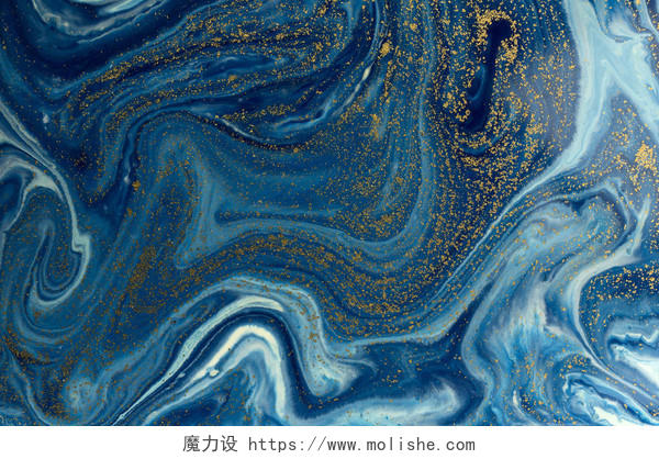 蓝色和金色的背景液态大理石图案.